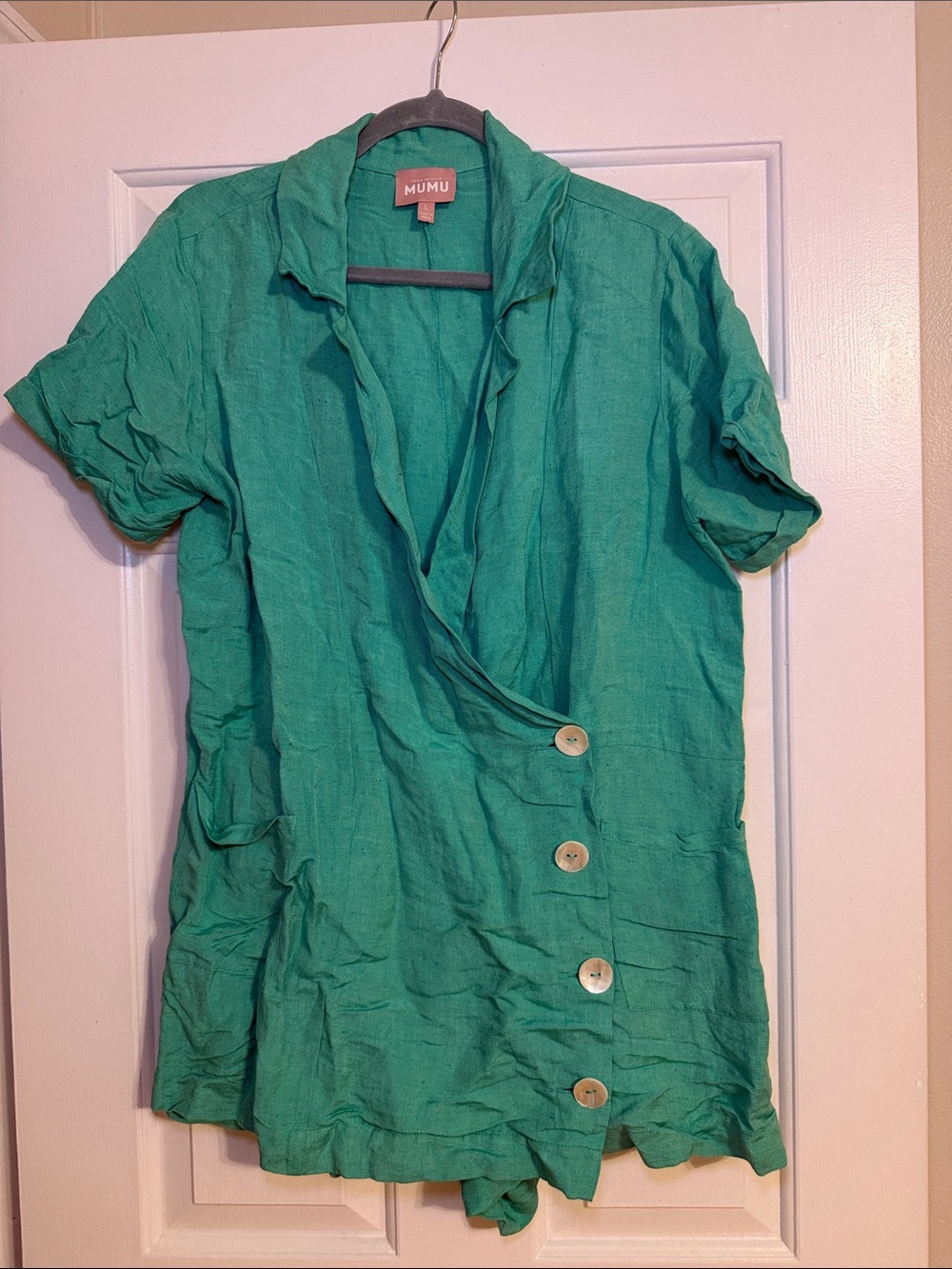 Show Me Your MuMu Teal Green Short Sleeve Linen Romper